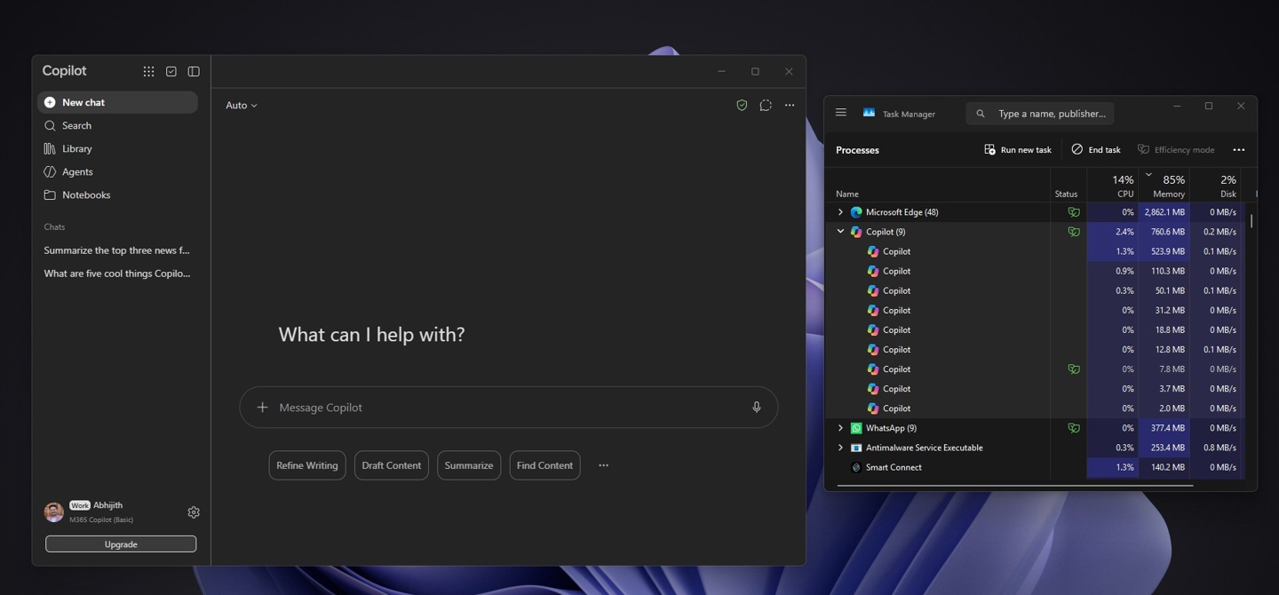 the Copilot app that replaces Microsoft 365 is a web app that uses more than 700MB while open and not doing anything